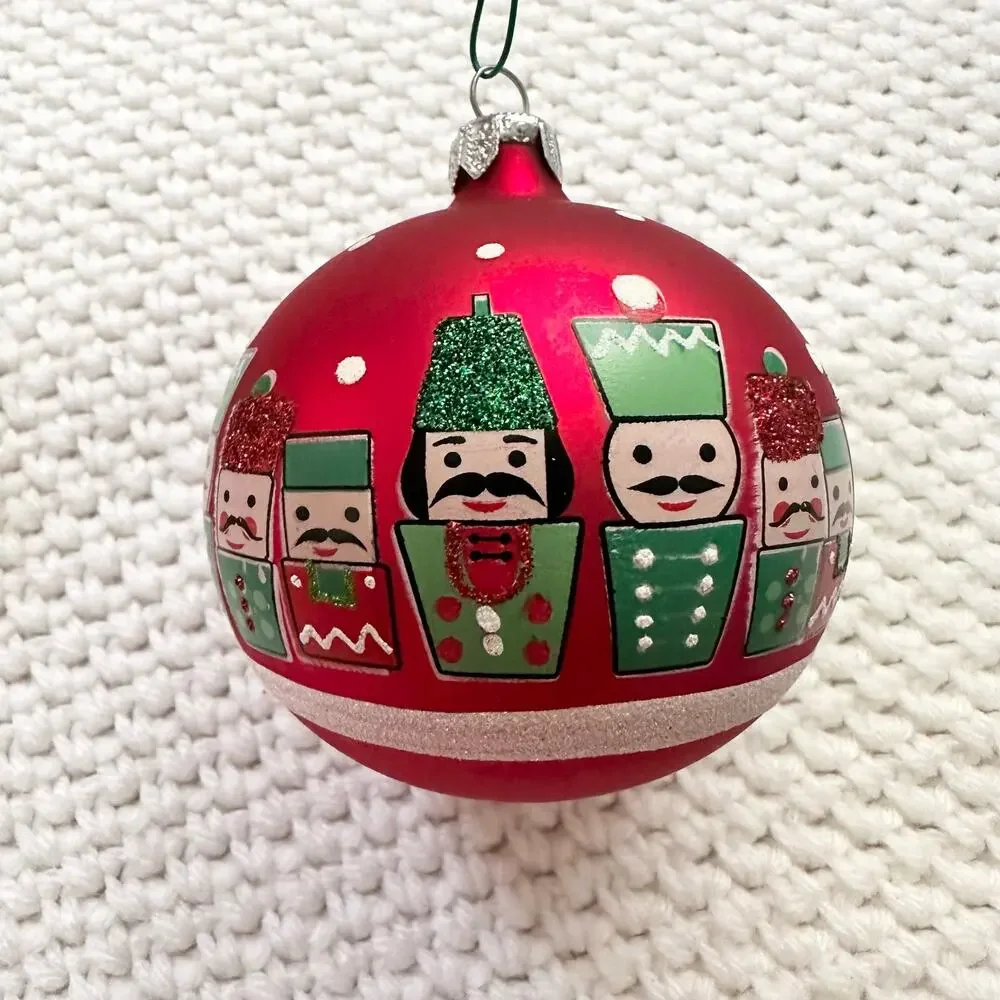 Bundle Lot Large 4 Round Orb Ornaments Red Green Nutcracker Soldier Fair Isle